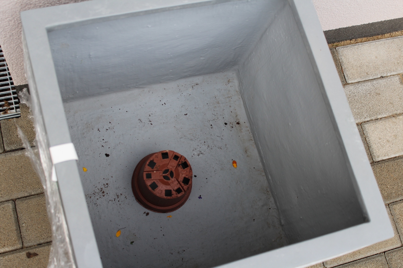 (c) Grashüpfer, Pflanzentrog-Wasser-Abflussloch freihalten